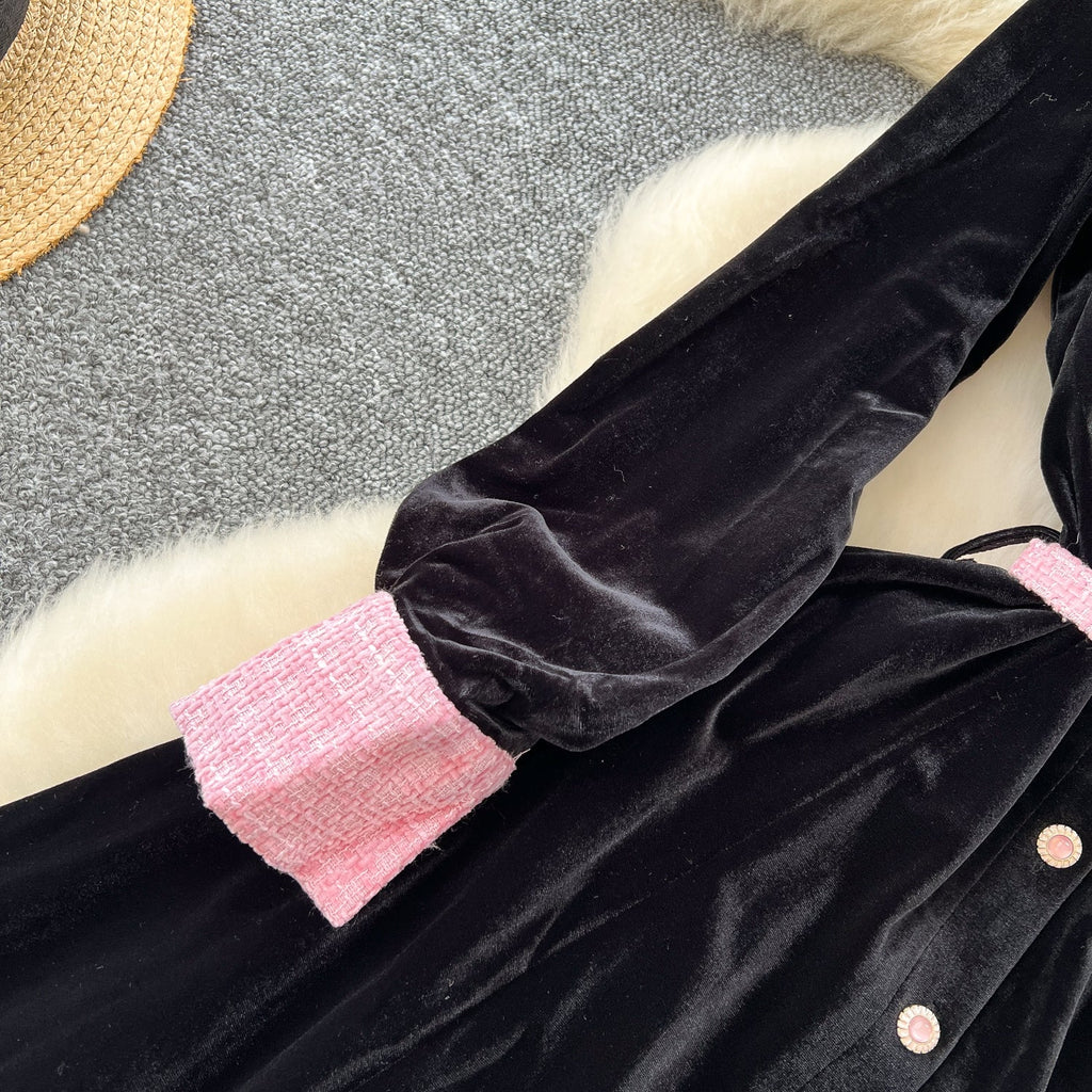 Vintage Lapeled Patchwork Black Dress