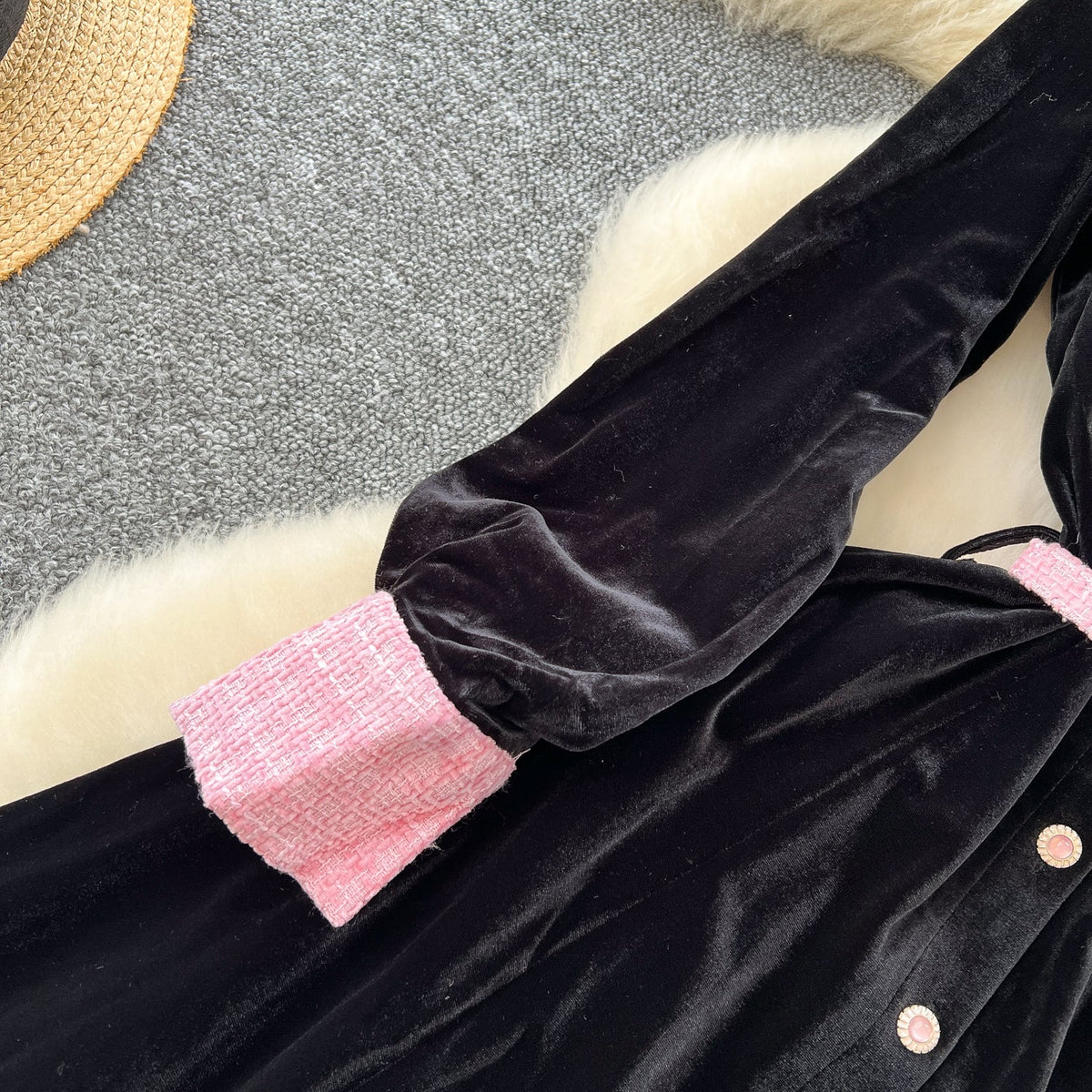 Vintage Lapeled Patchwork Black Dress