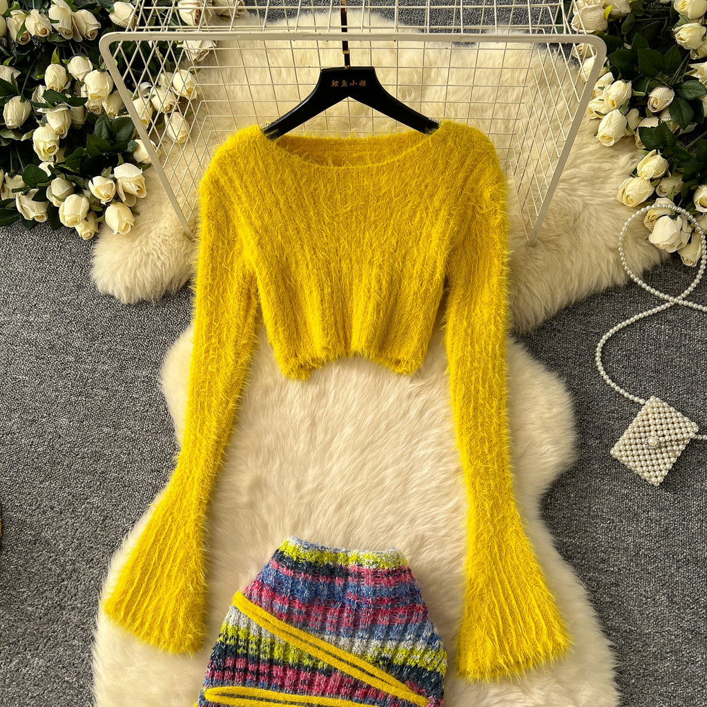 Sweater&Rainbow Striped Skirt 2Pcs