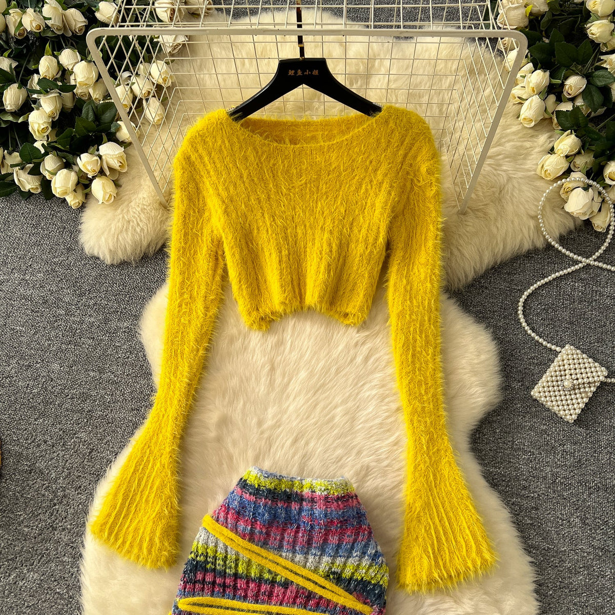 Sweater&Rainbow Striped Skirt 2Pcs