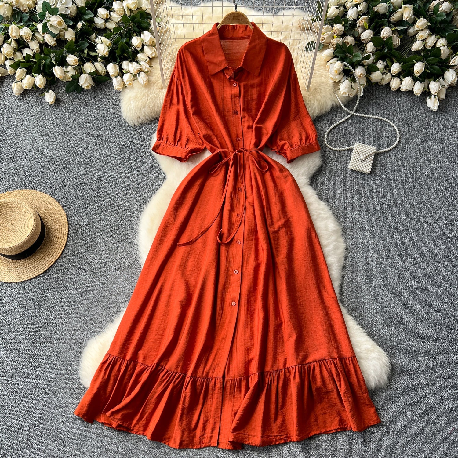 Vintage Solid Color Ruffled Shirt Dress