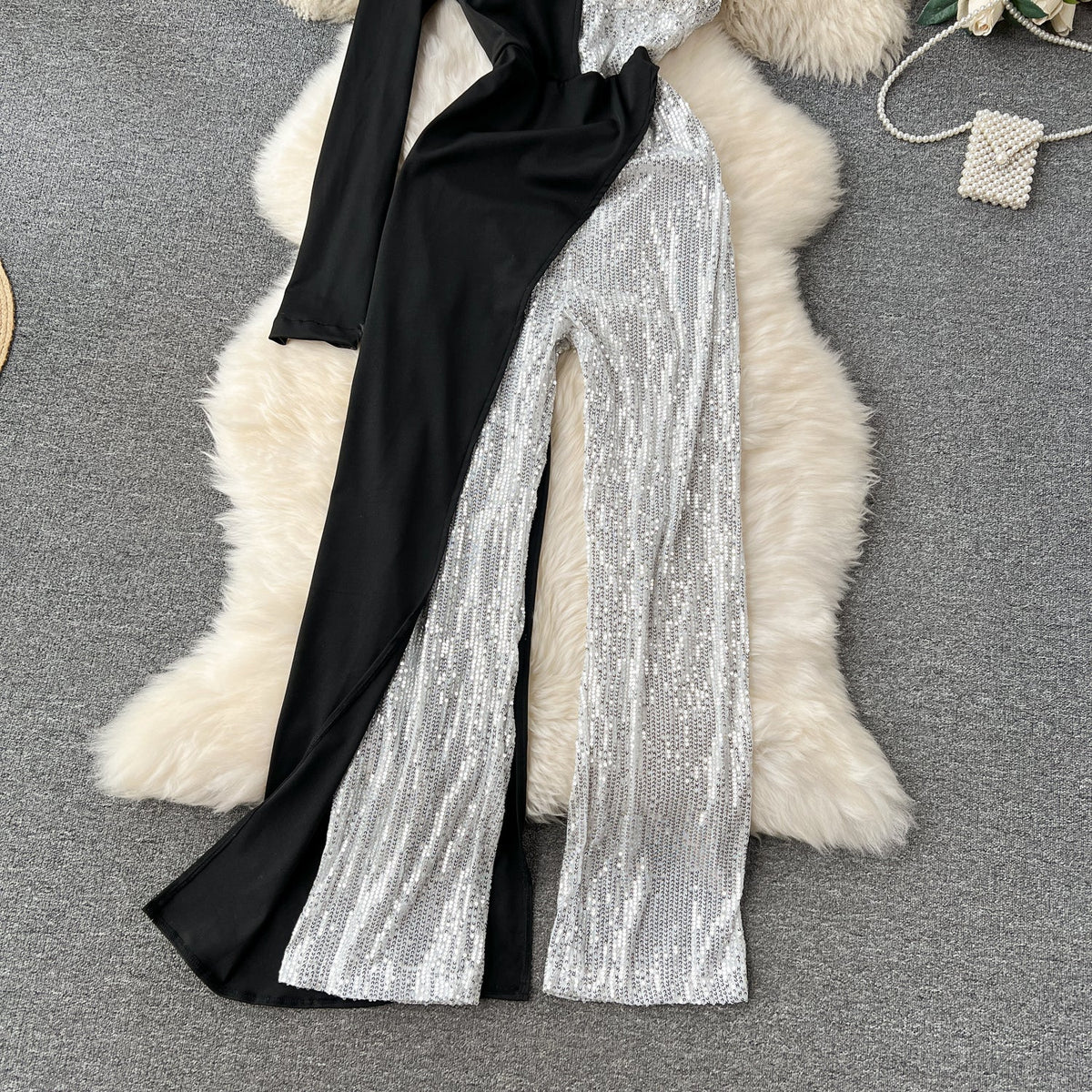 Asymmetric Sequined Patchwork Jumpsuits