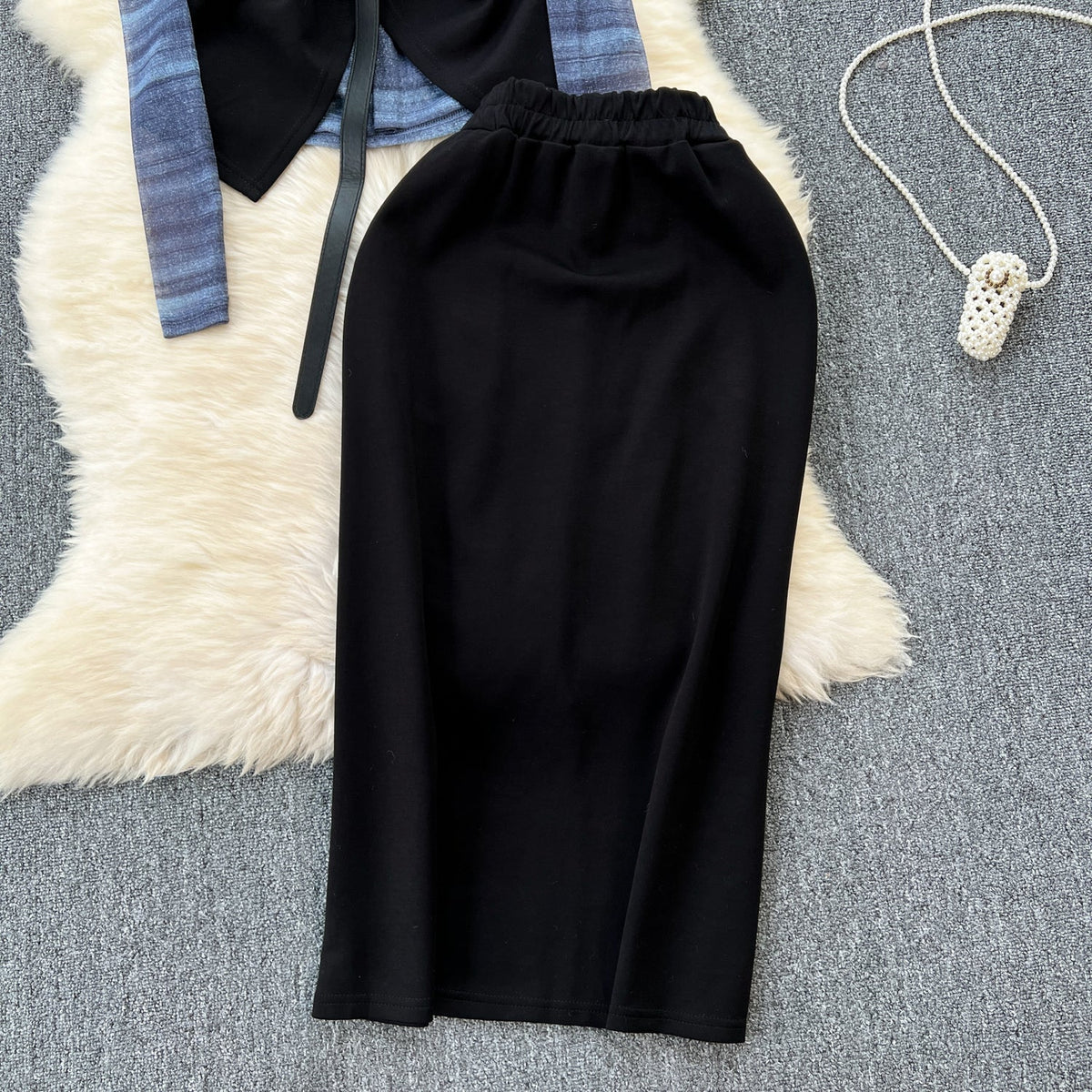 Patchwork Mesh Top&Black Skirt 3Pcs