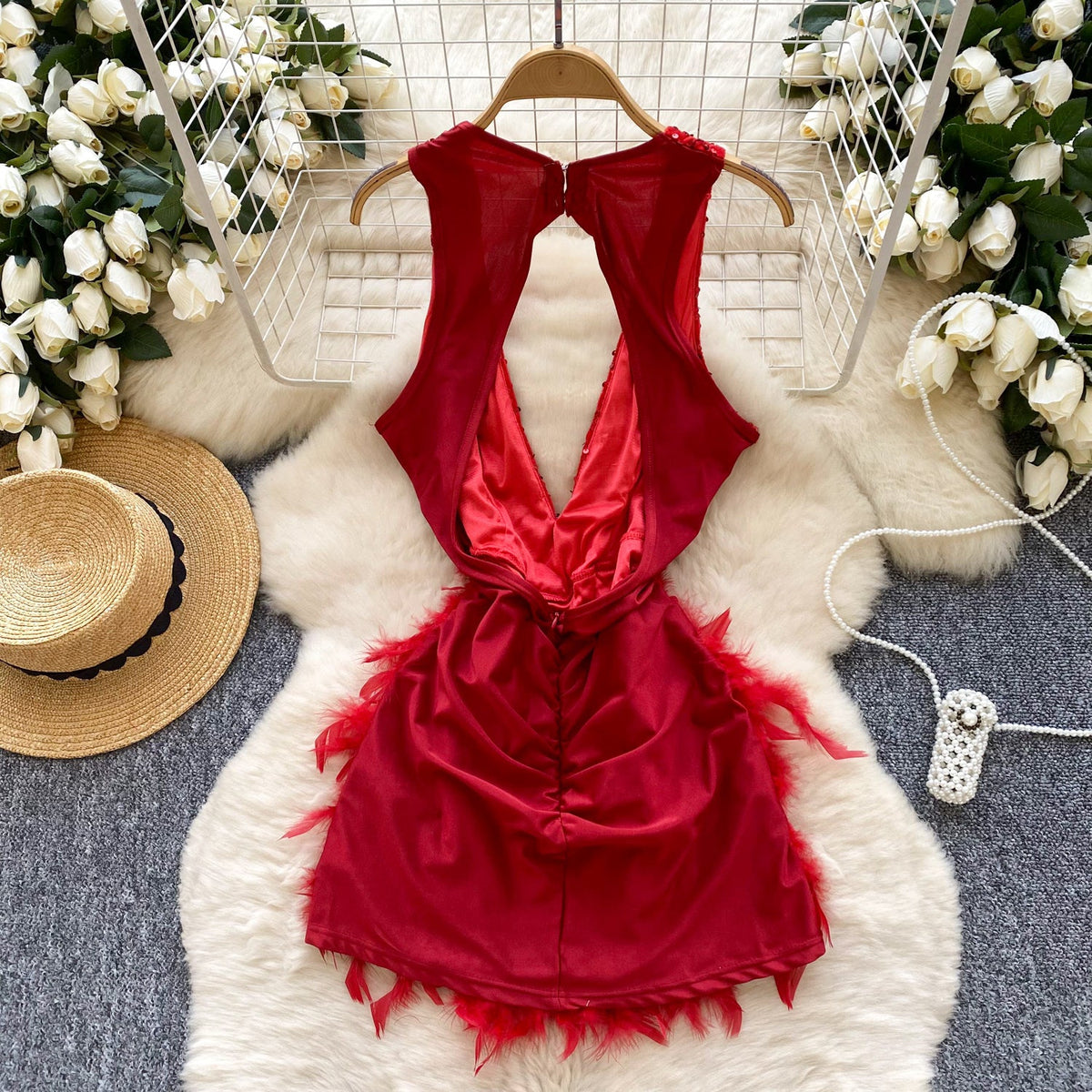Hollowed Deep V-neck Sequined Dress