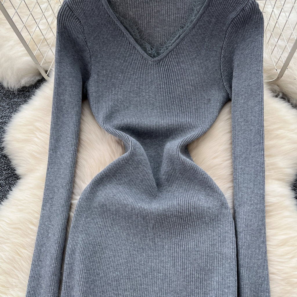V-neck Stretchy Bodycon Knitted Dress
