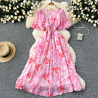 Vintage V-neck Draped Floral Dress