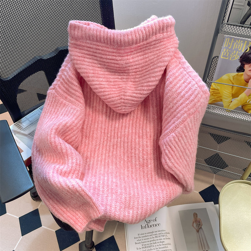 Vintage Thermal Drawstring Hooded Sweater