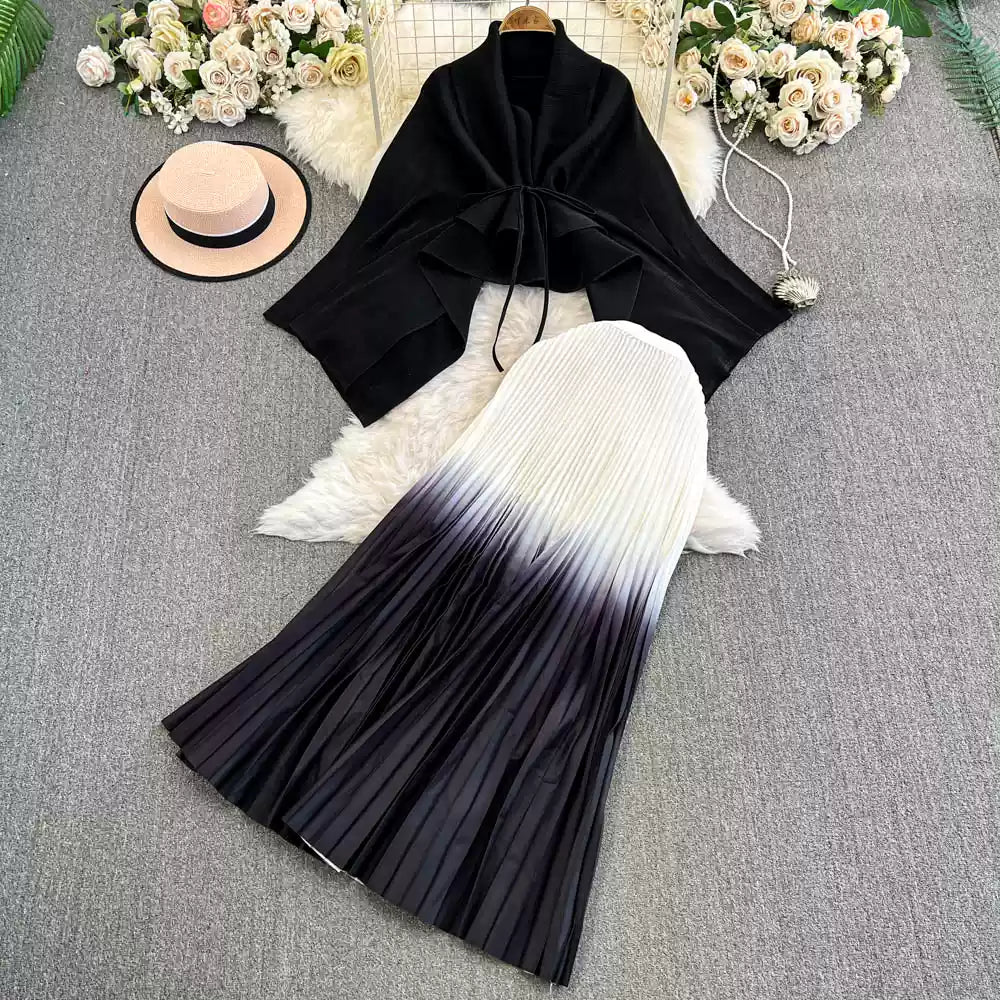 Thickened Cardigan&Gradient Skirt 2Pcs