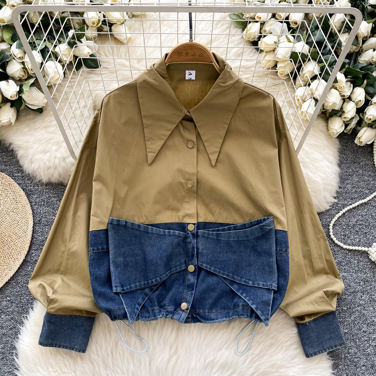 Niche Bow Denim Patchwork Shirt