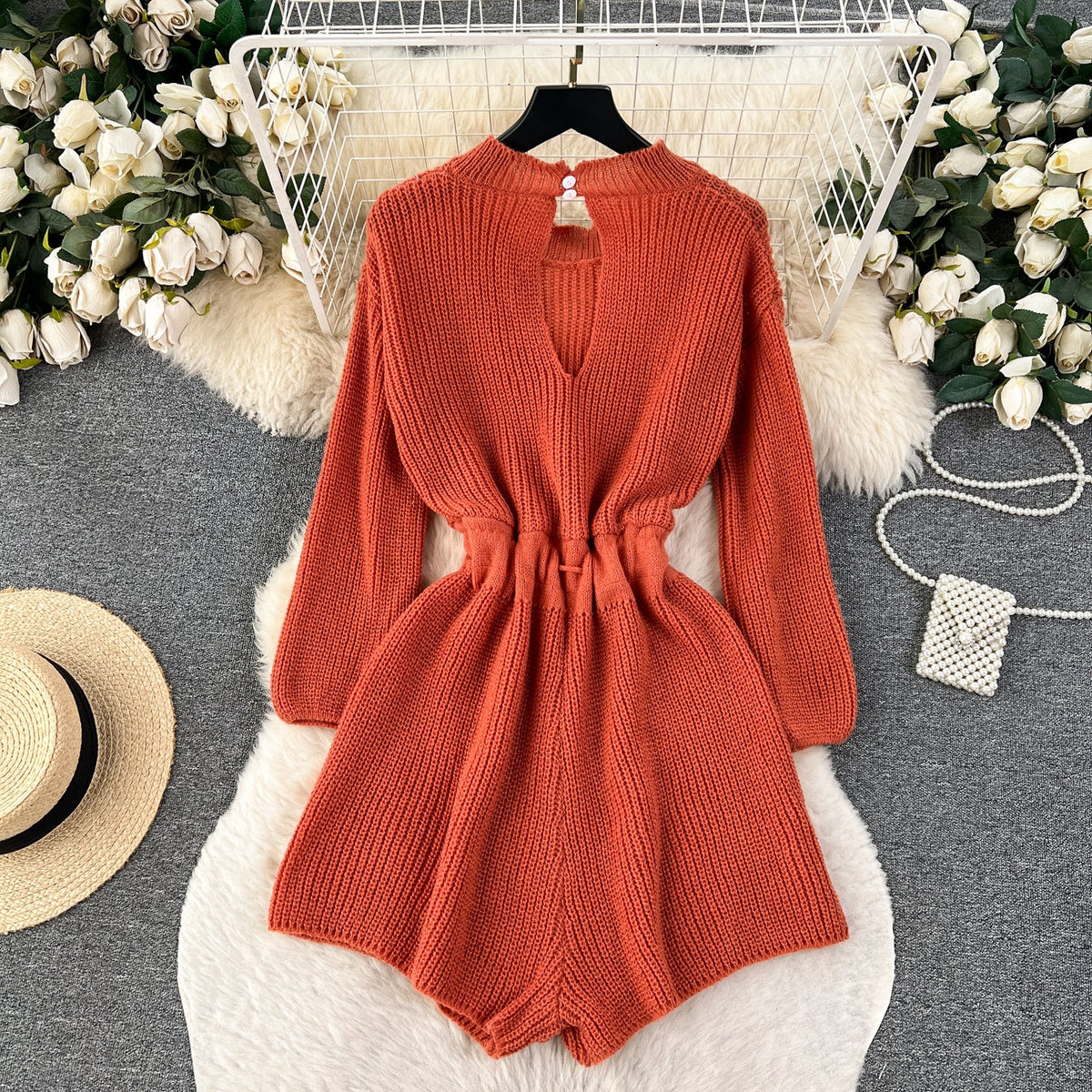 Elastic Solid Color Hollowed Knit Romper
