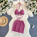 Fringed Halter Top&Skirt Knitted 2Pcs