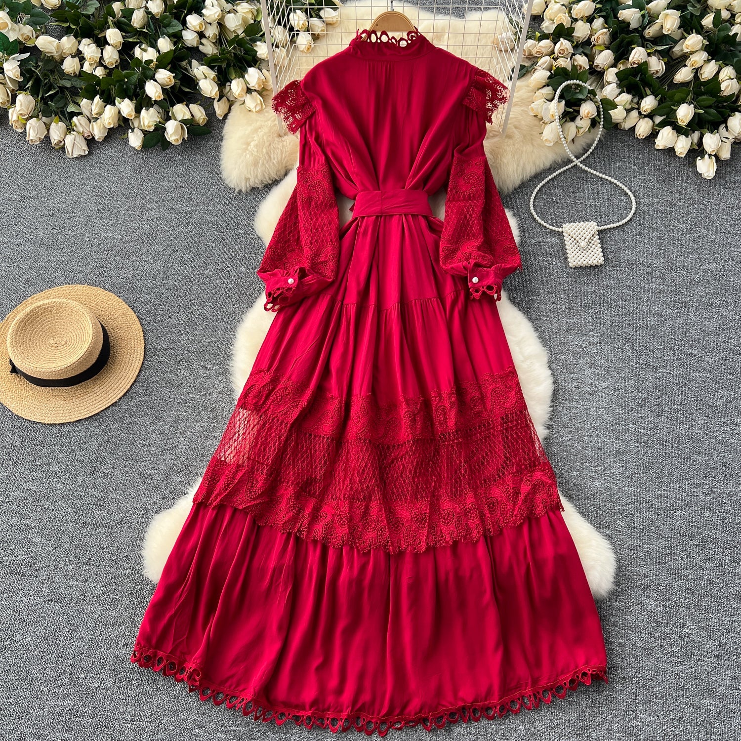 Vintage Lace Patchwork Single-breasted Dress