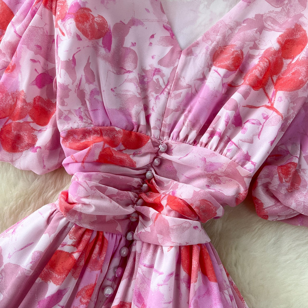 Vintage V-neck Draped Floral Dress