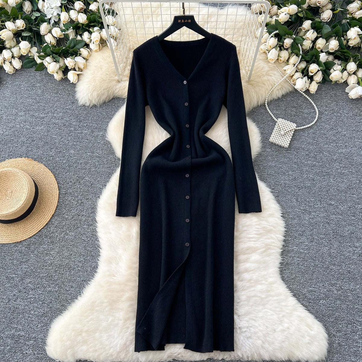 V-neck Single-breasted Cardigan Dress