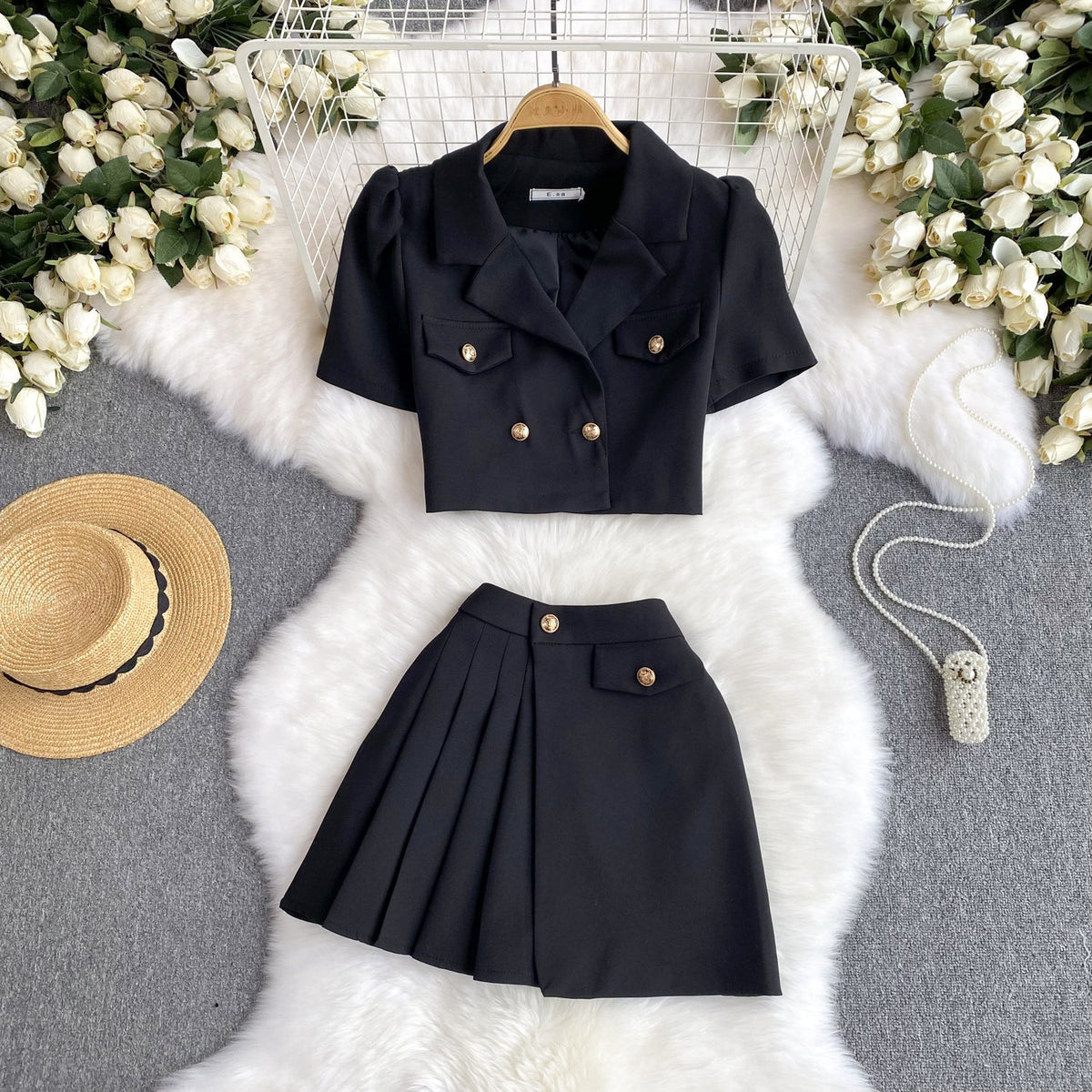 V-neck Blazer&Pleated Skirt 2Pcs