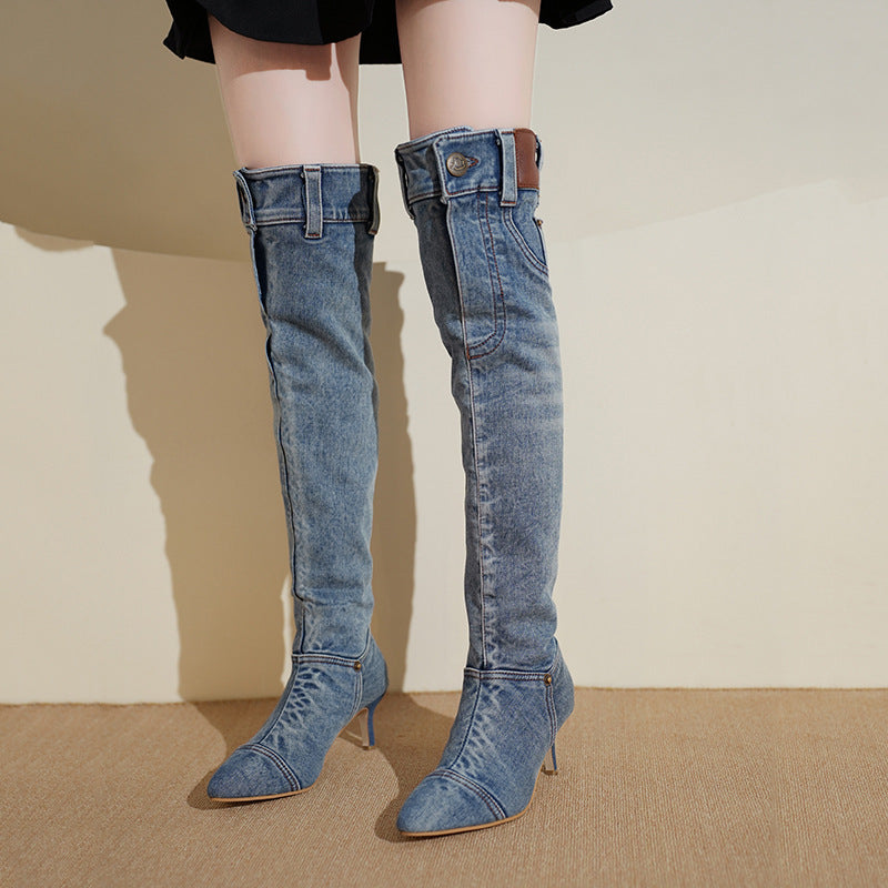 Denim Pointed Toe Stacked Boots