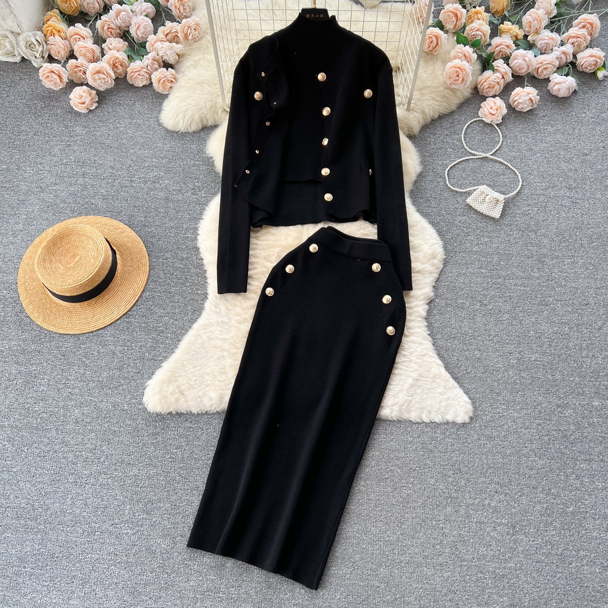 Cardigan&Vest&Hip-wrapping Skirt 3Pcs