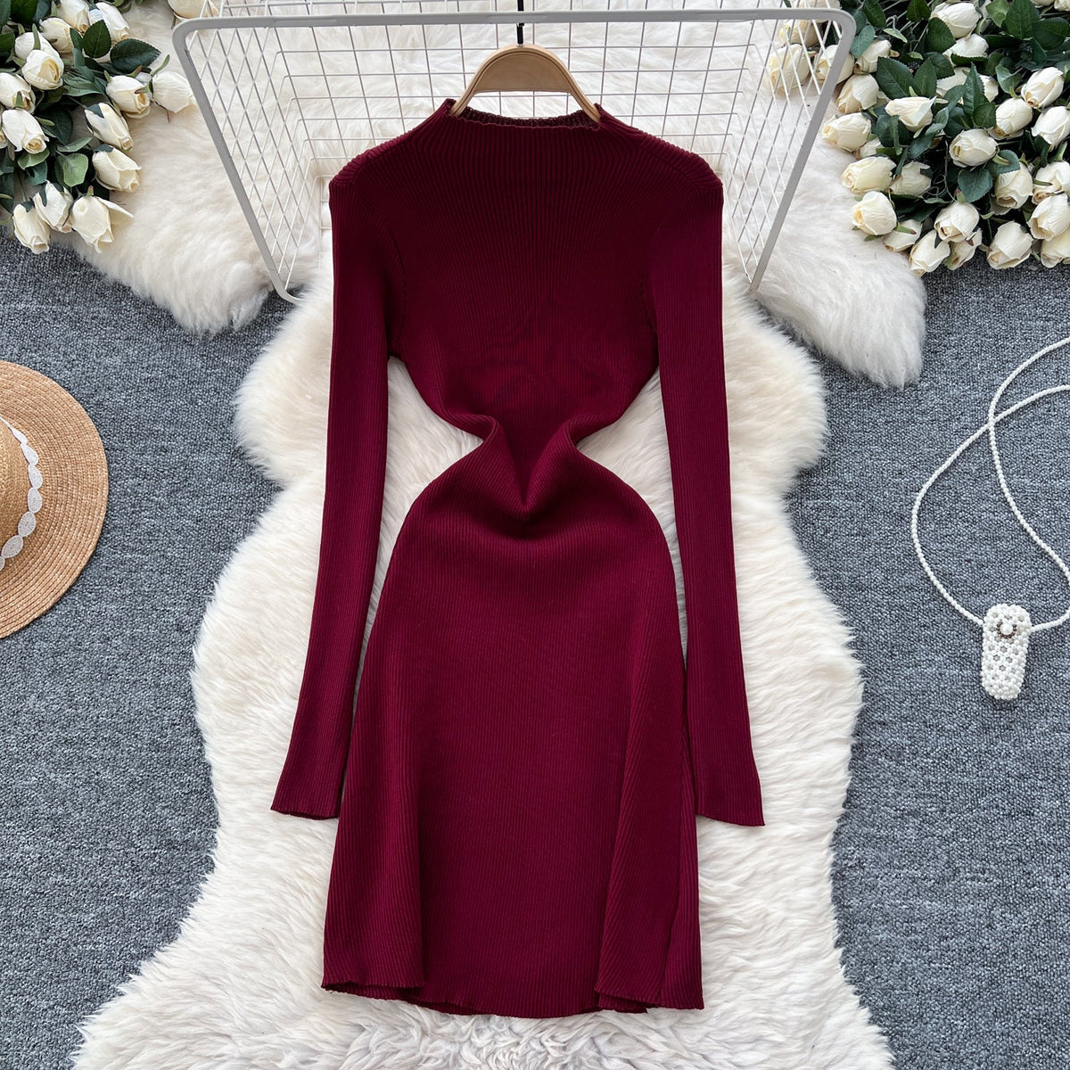 Half Turtleneck Metal Button Knitted Dress