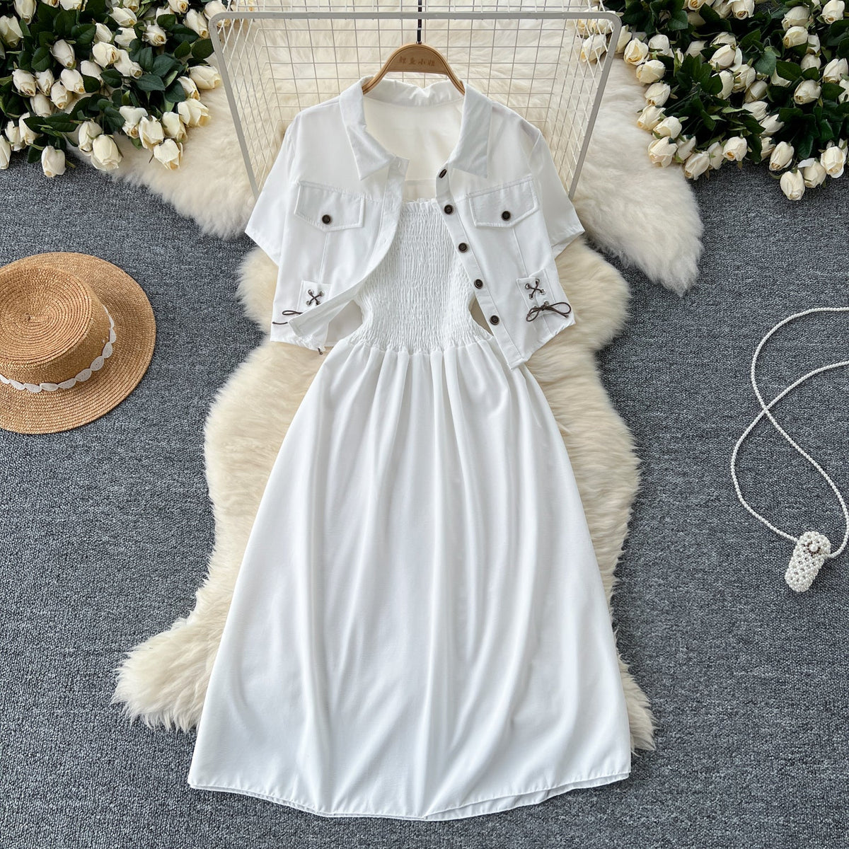 Short Shirt&Pleated Slip Dress 2Pcs