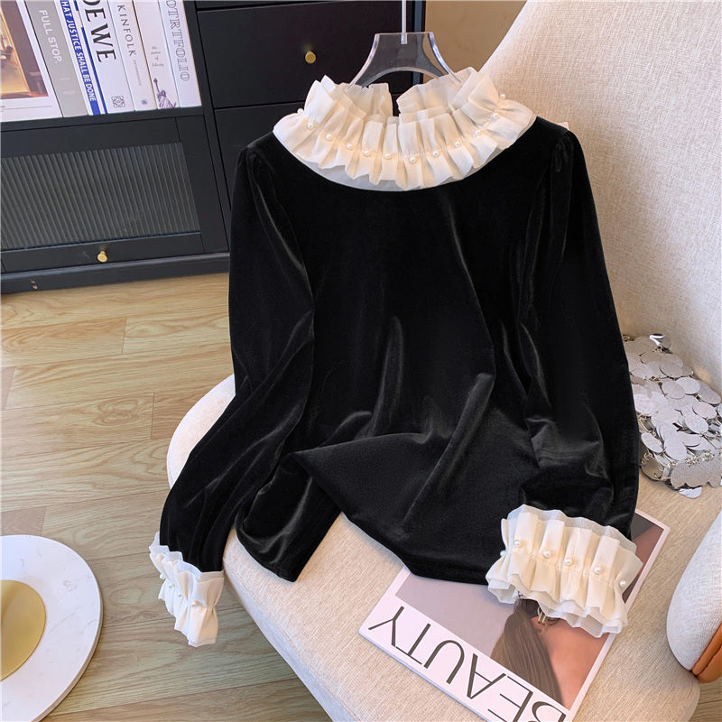 Ruffled Collar Black Velvet Top