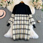 Plaid Knitted Patchwork Drawstring Dress