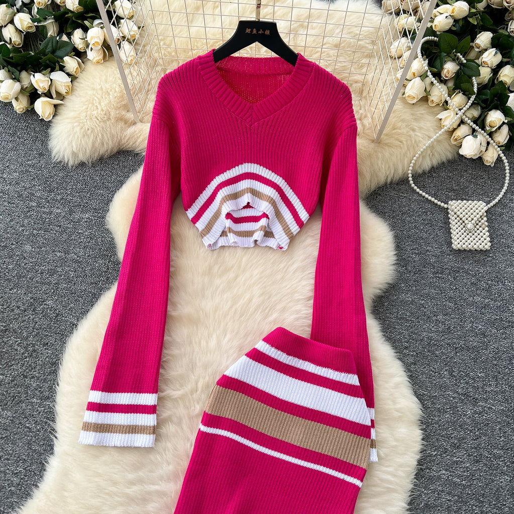 Colorful Stripe Sweater&Skirt Knitted 2Pcs