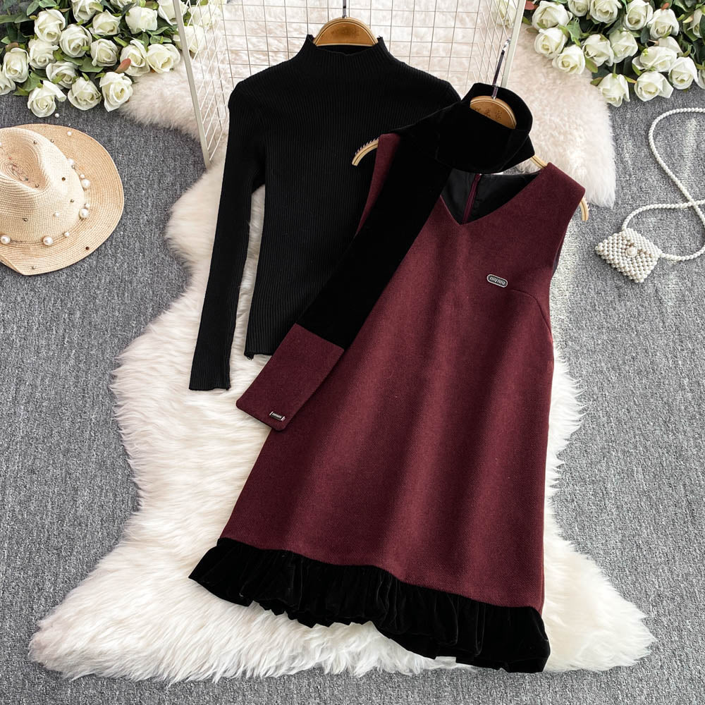 Patchwork Vest Dress&Black Sweater 2Pcs