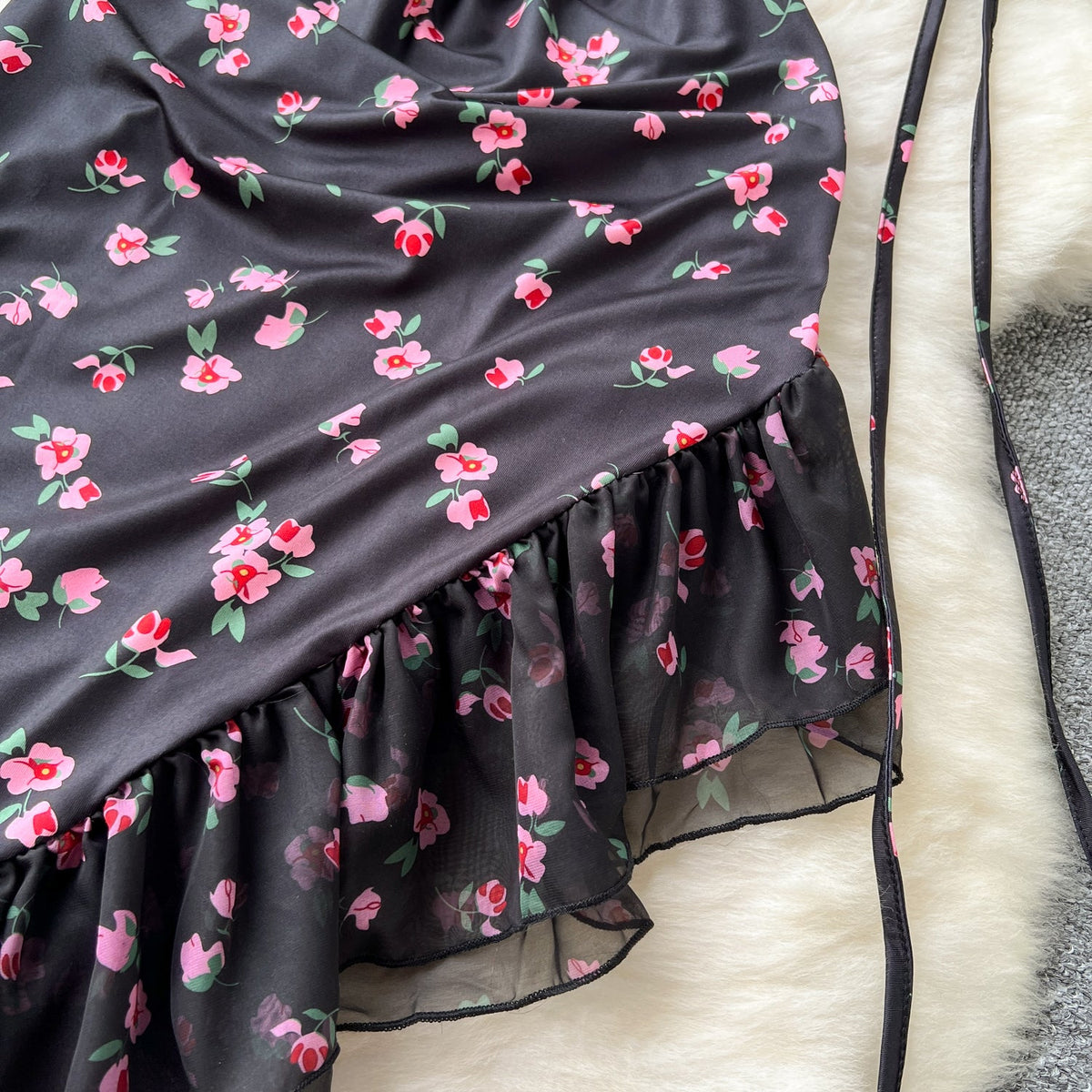 Asymmetric Mesh Floral Black Dress