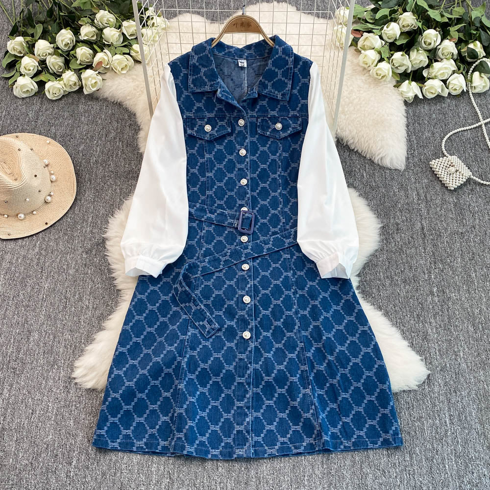 Chic Lapeled Patchwork Denim Dress