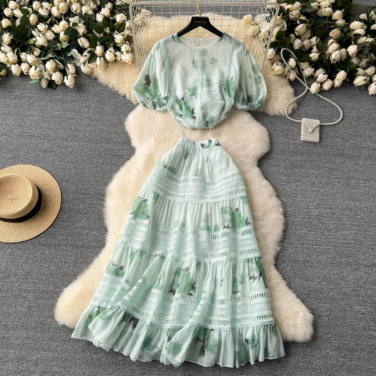 Top&Half-body Skirt Floral 2Pcs