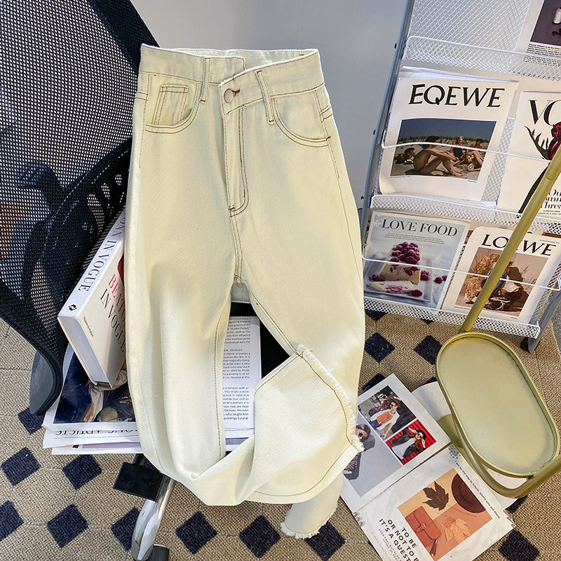 Simple Design Straight White Denim Jeans
