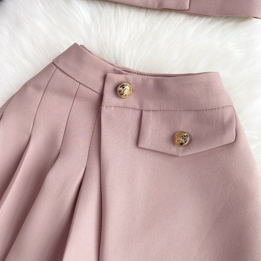 V-neck Blazer&Pleated Skirt 2Pcs
