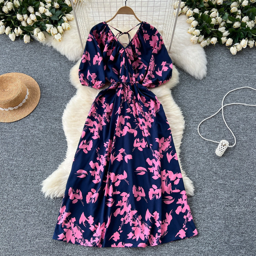 V-neck Pattern Printed Vintage Dress