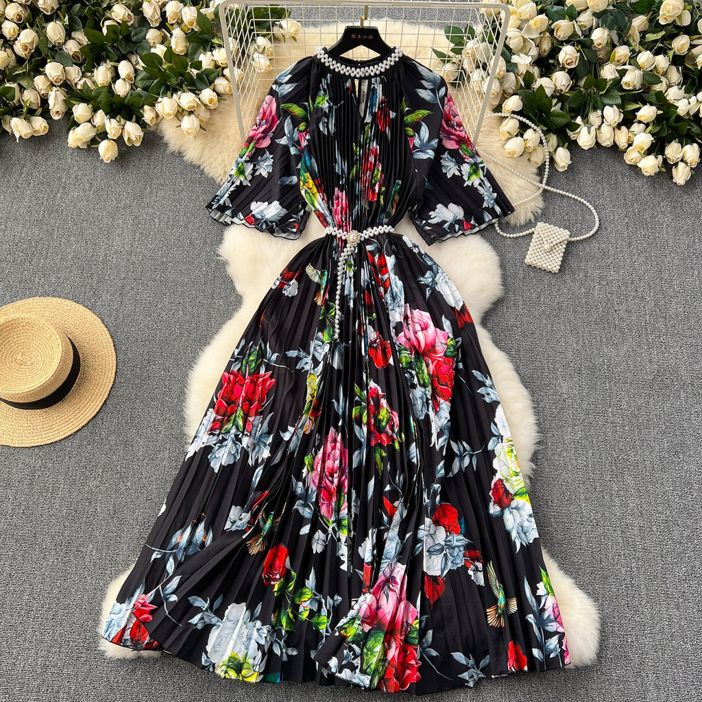 Beaded Crew Neck Printed Dress