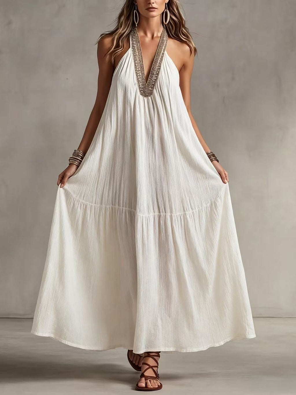Beaded Halter V Neck Loose Maxi Kaftan Dress
