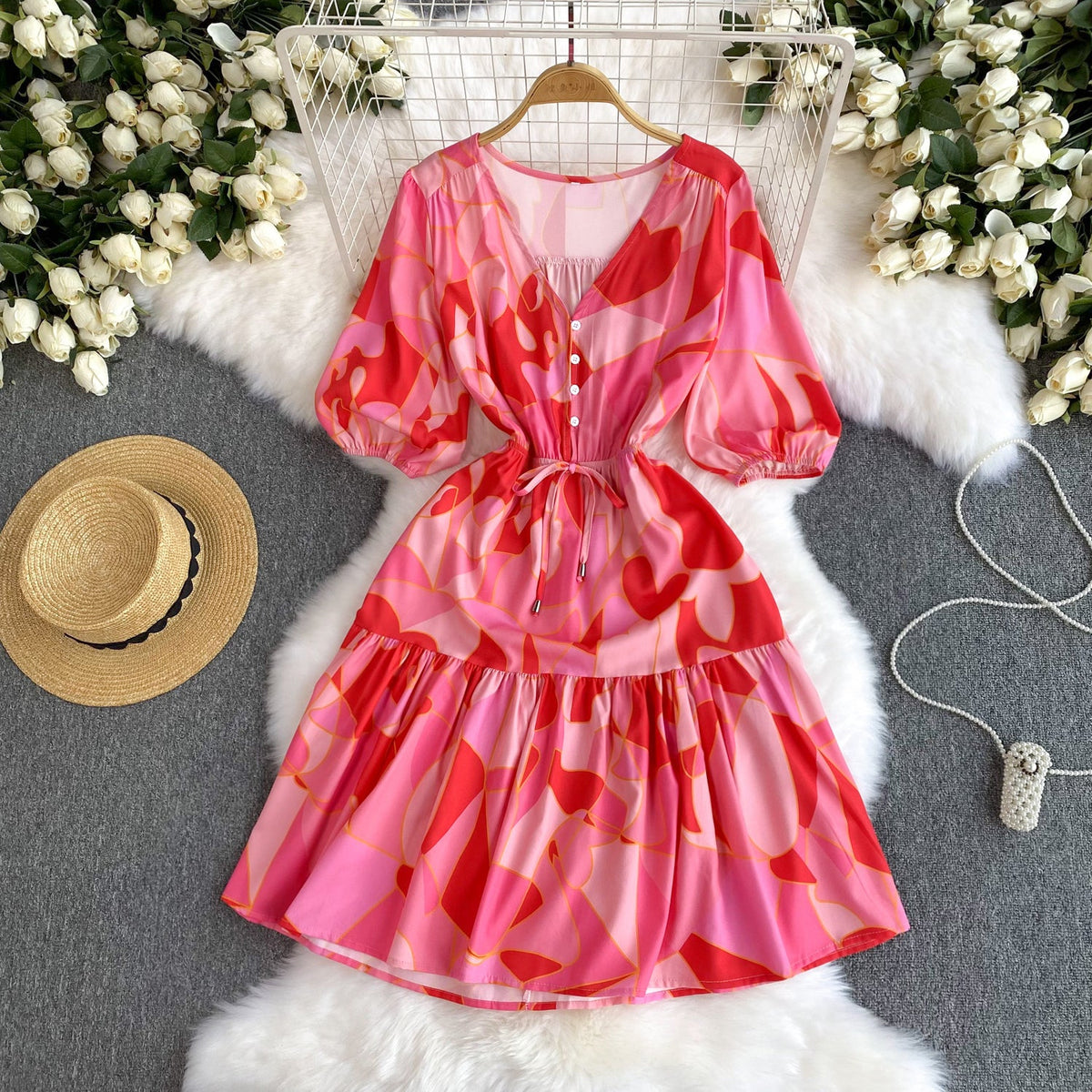 French Style Ruffled Printed Dress