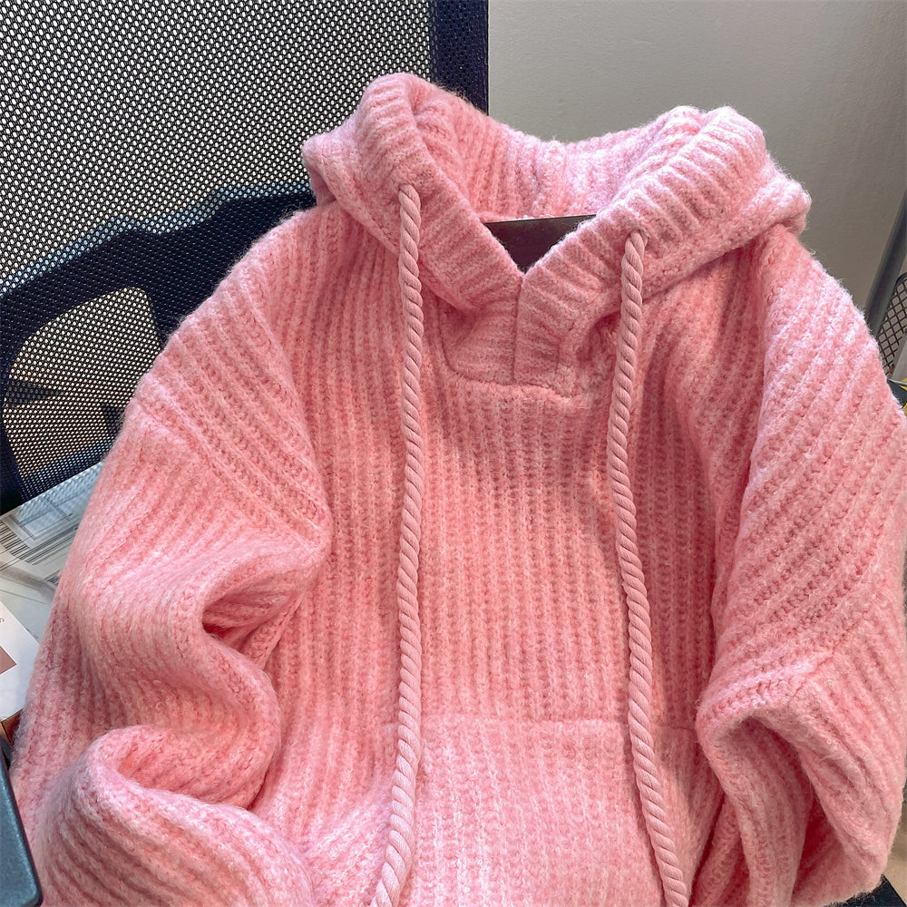 Vintage Thermal Drawstring Hooded Sweater