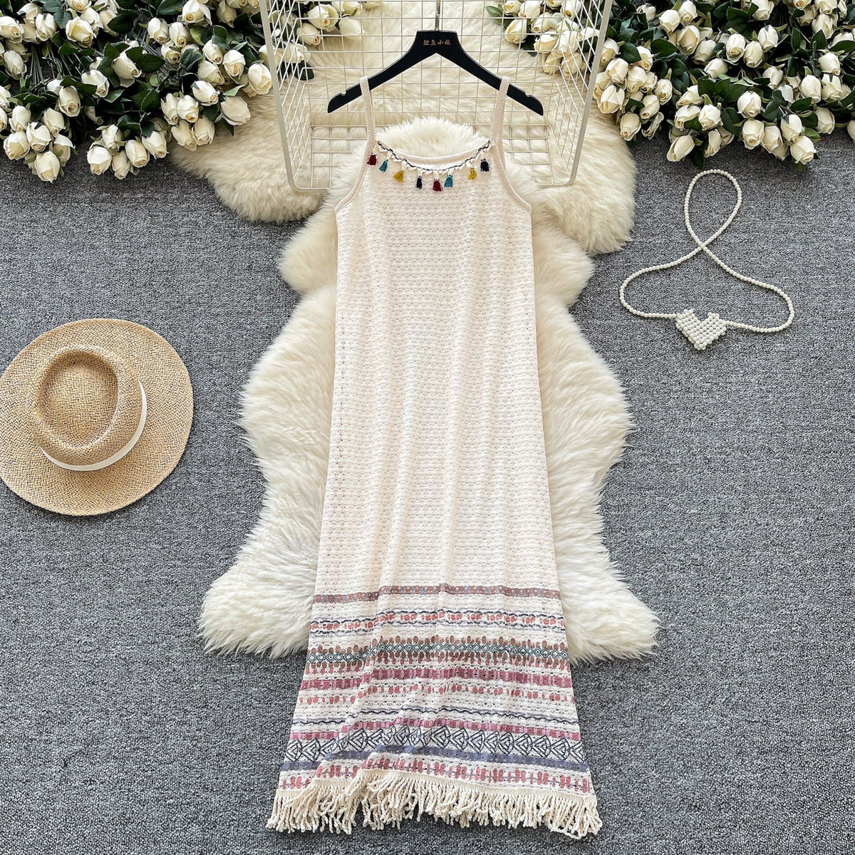 Bohemian Style Hollowed Fringed Slip Dress