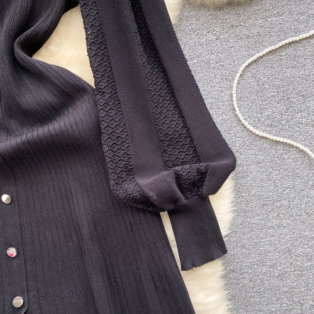 Doll Collar Black Knitted Shirt Dress