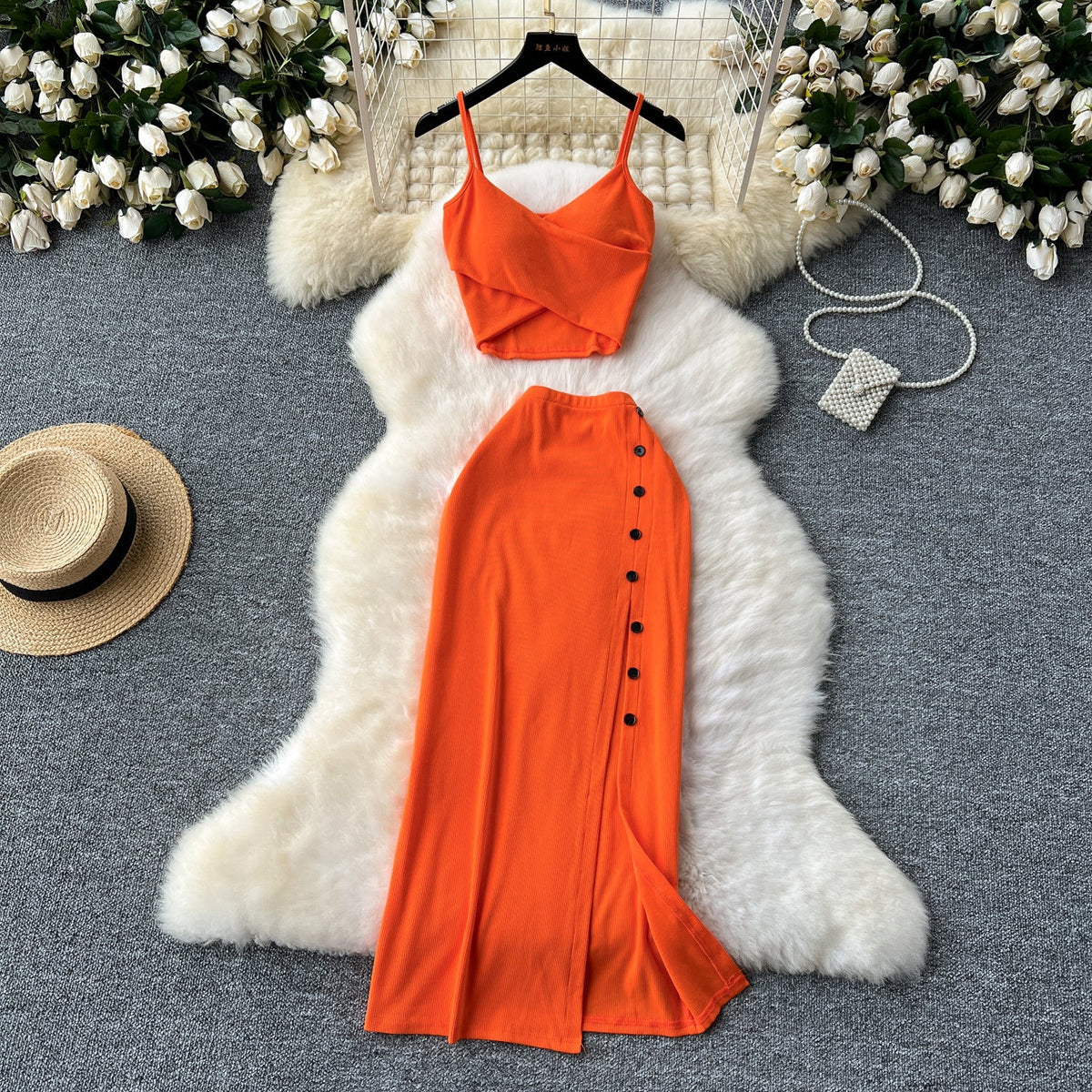 V-neck Camisole&Split Skirt Knitted 2Pcs
