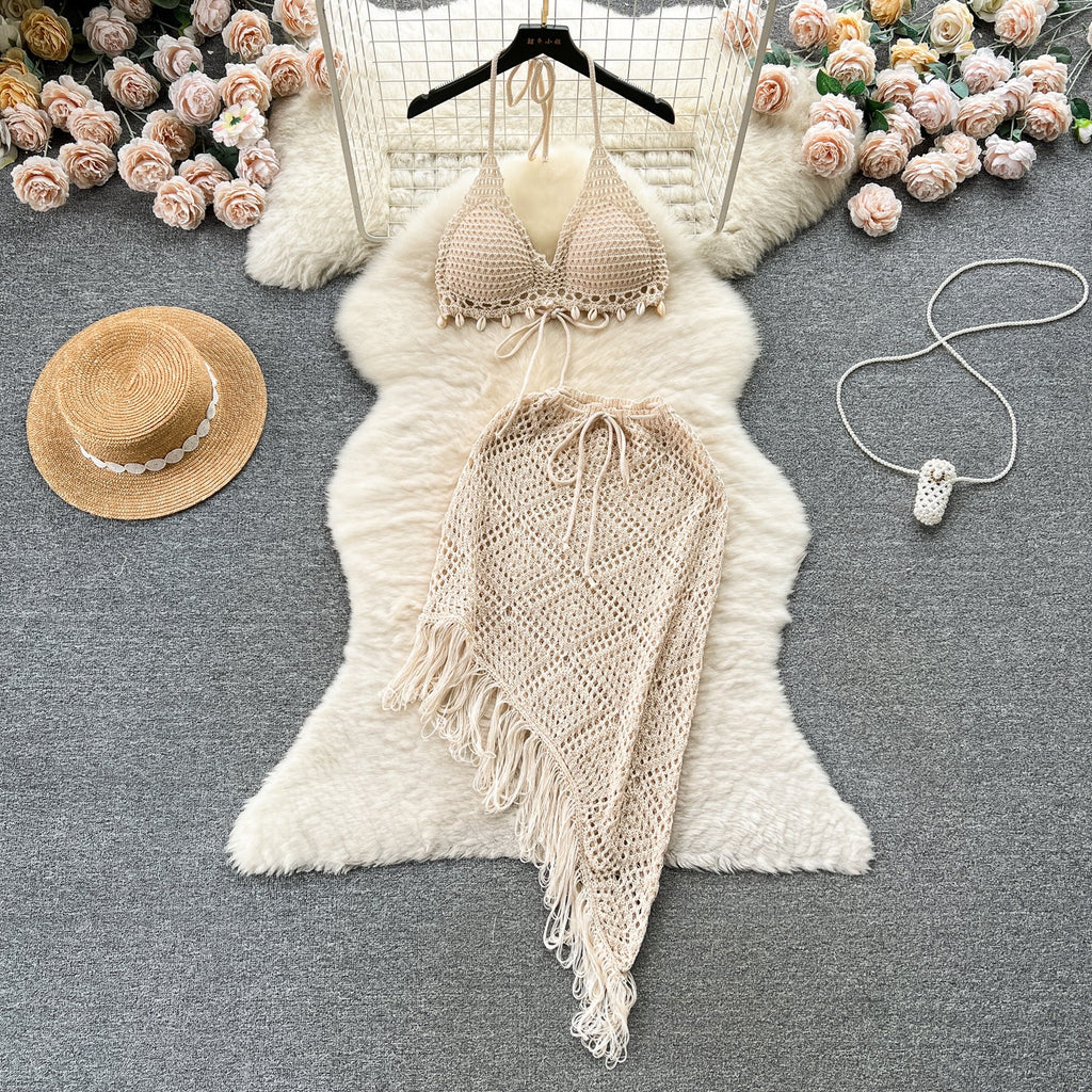 Halter Bikini&Fringed Skirt Knitted 2Pcs