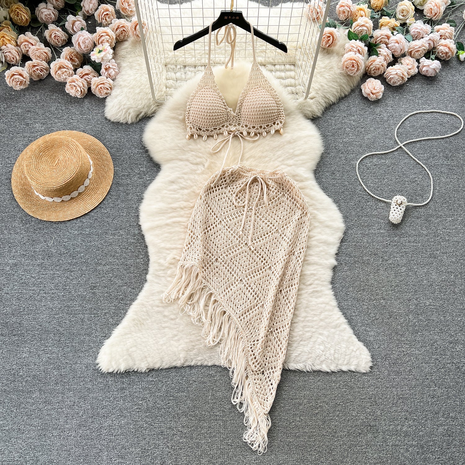 Halter Bikini&Fringed Skirt Knitted 2Pcs
