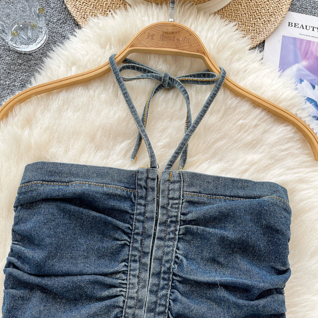 Vintage Denim Pleated Halter Top