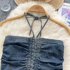 Vintage Denim Pleated Halter Top