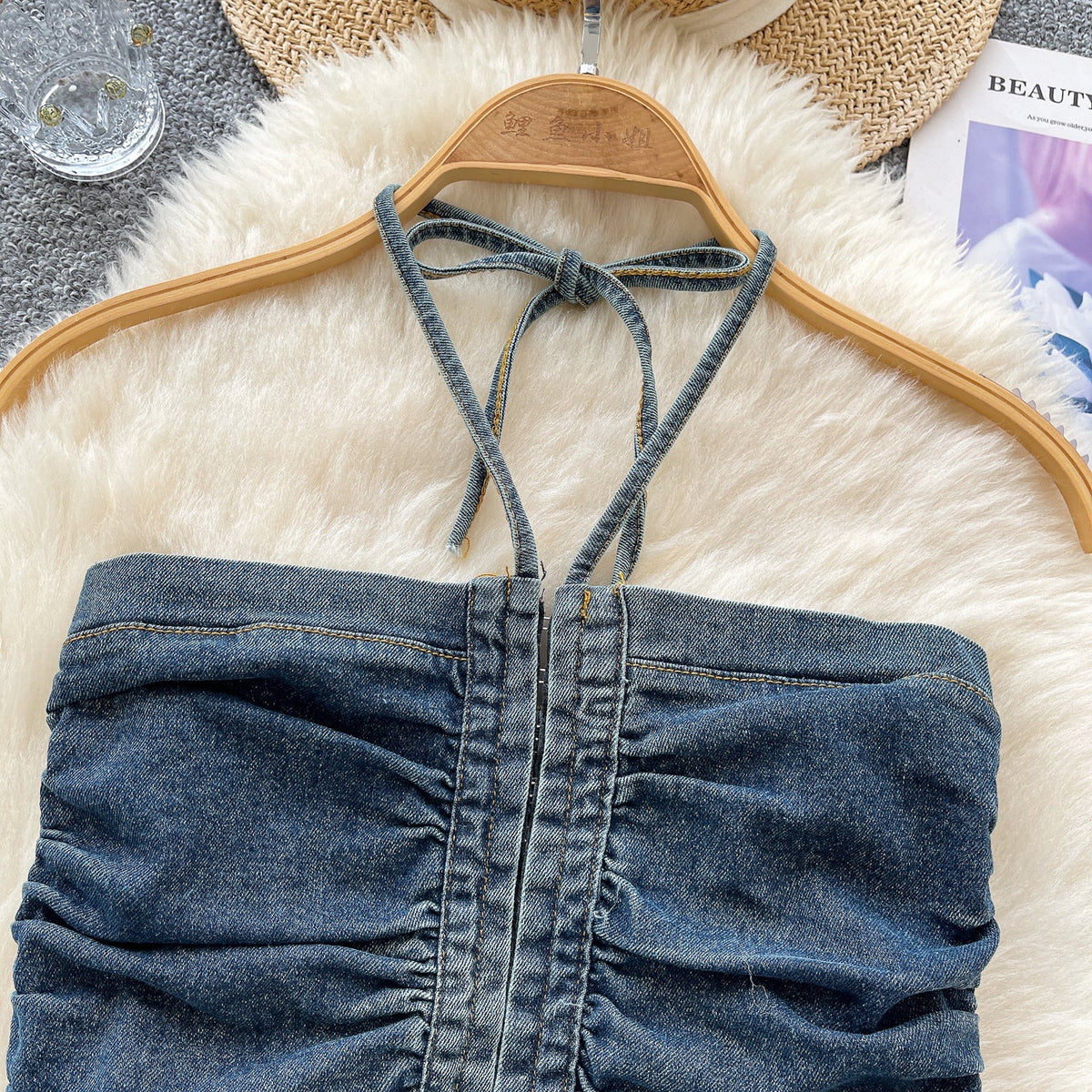Vintage Denim Pleated Halter Top