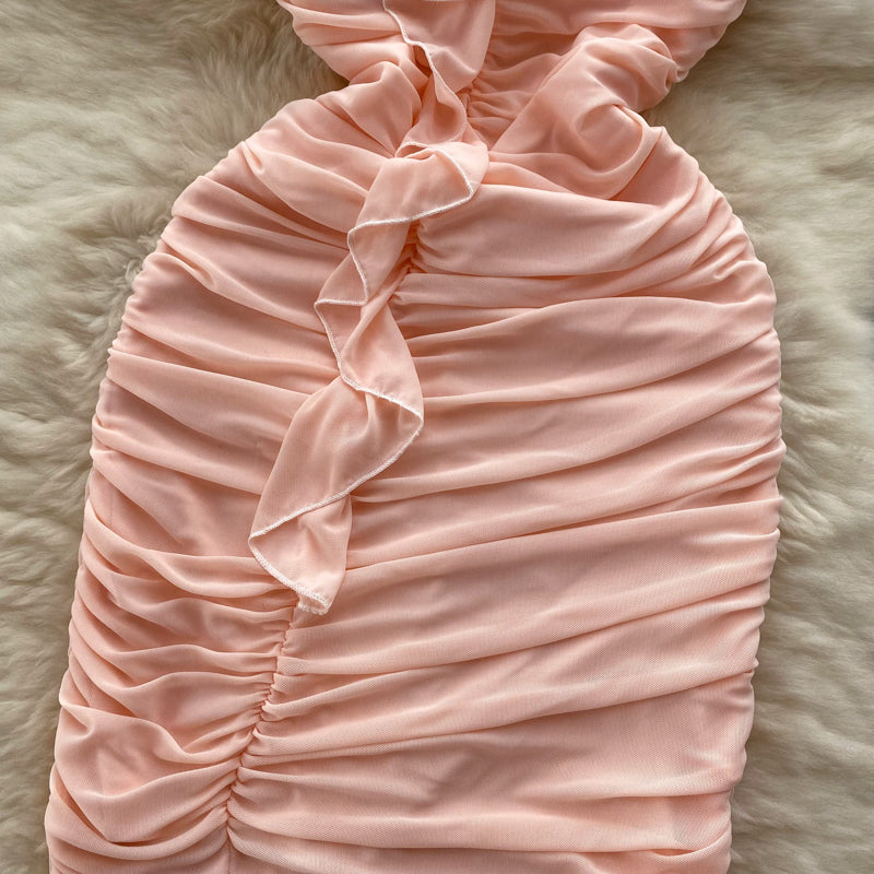 Off-shoulder Ruffled Fairy Pink Dress