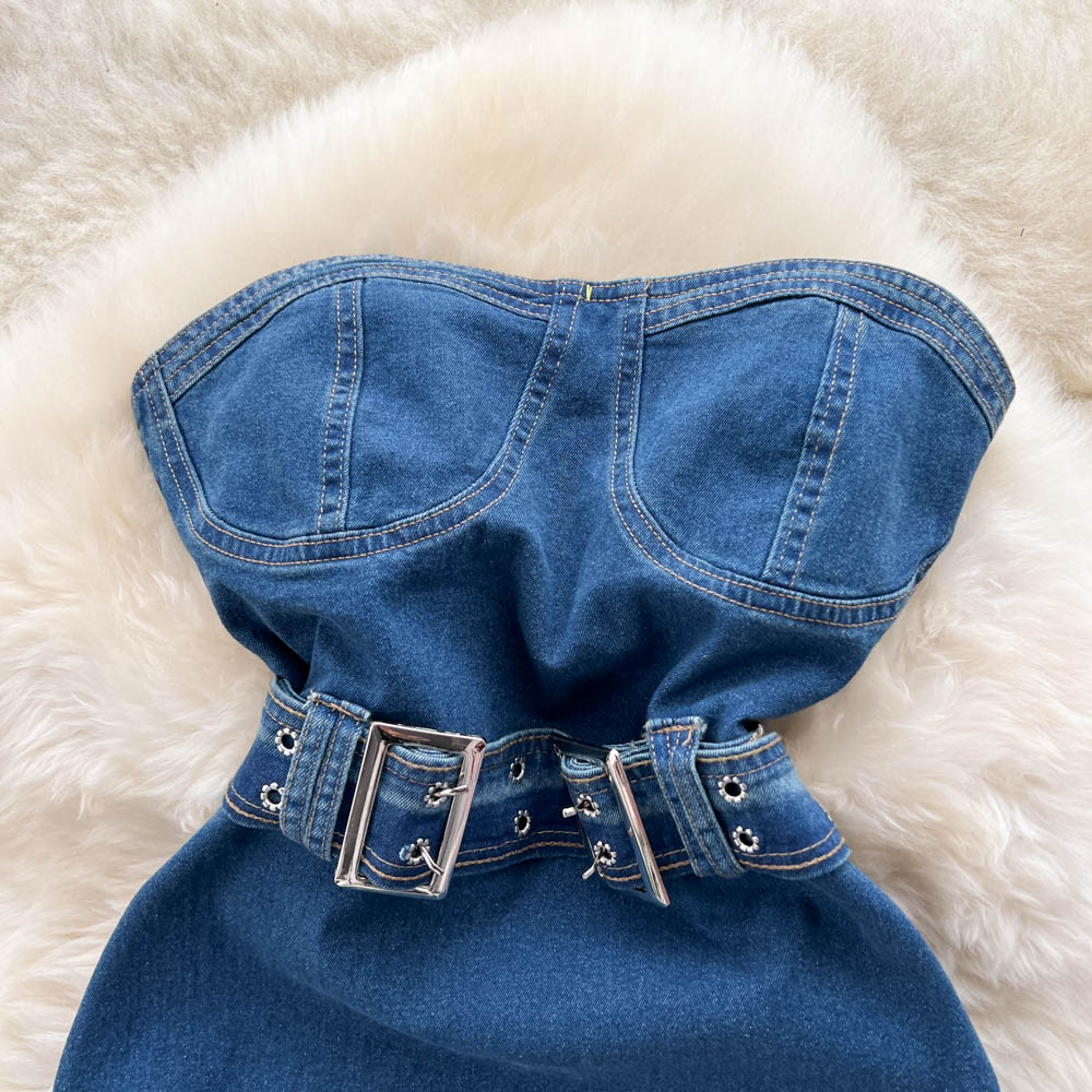 Vintage Asymmetric Denim Off-shoulder Dress