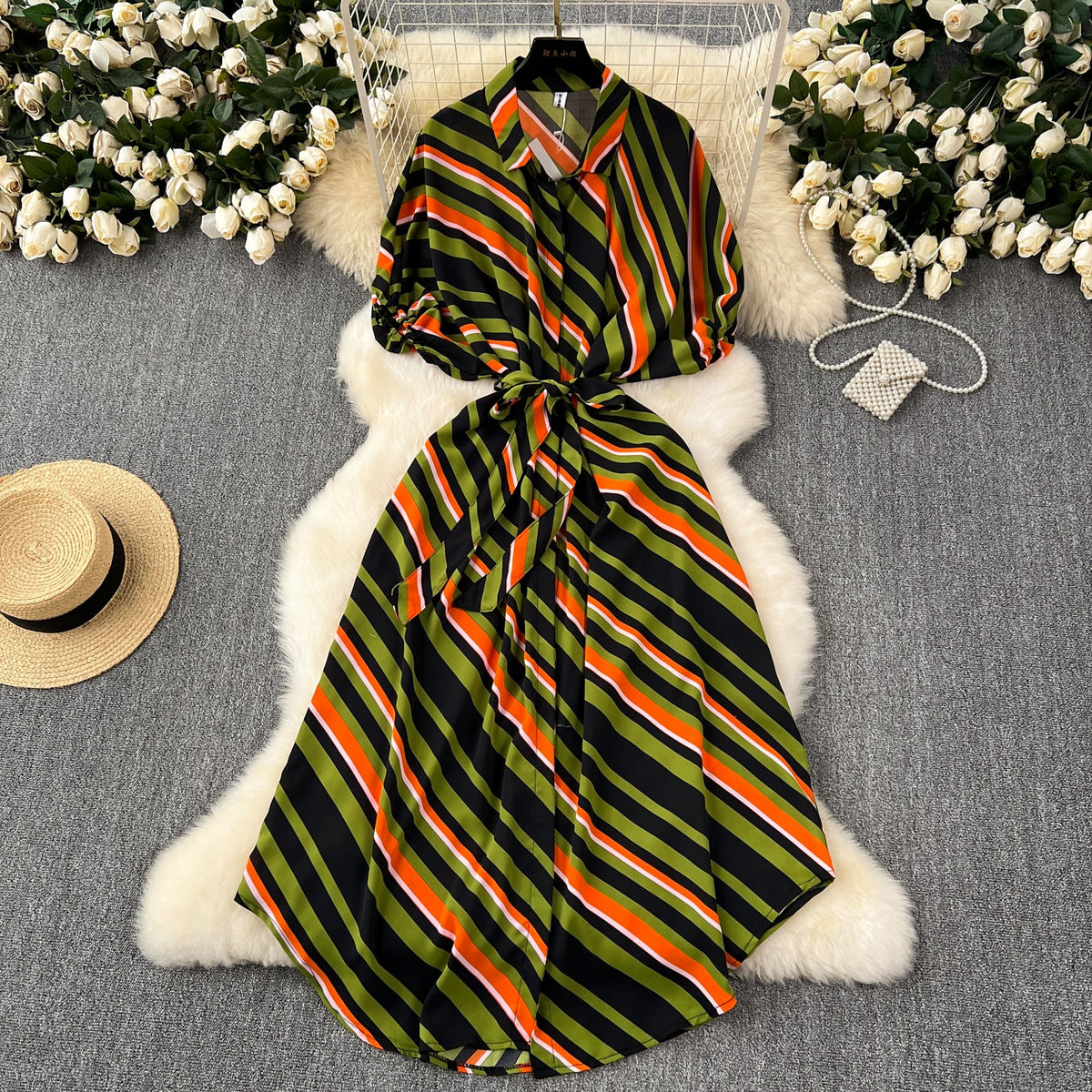 Colorful Slant Striped Shirt Dress