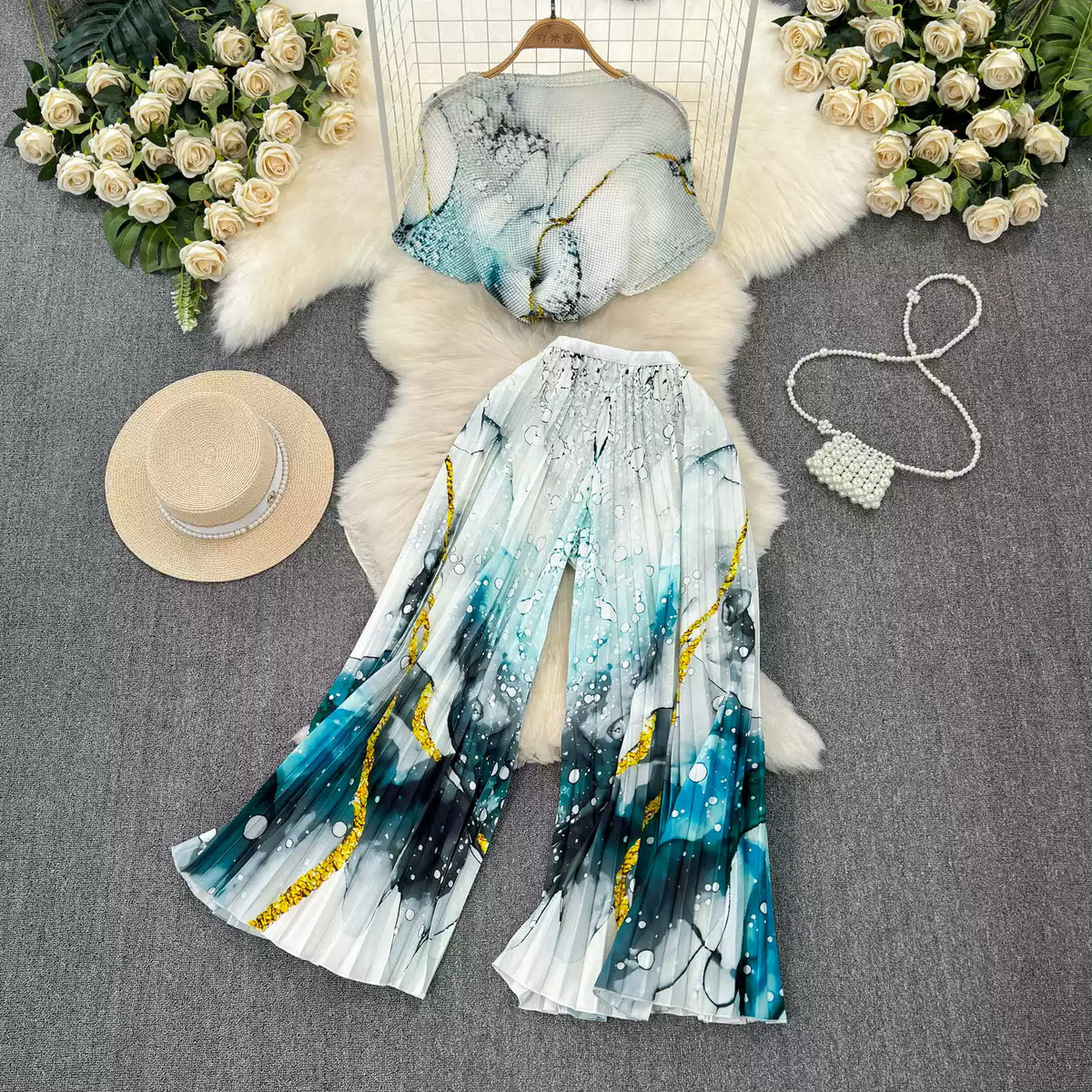 Chiffon T-shirt & Wide-leg Trousers 2Pcs