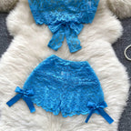 V-neck Halter Top&Shorts Blue 2Pcs
